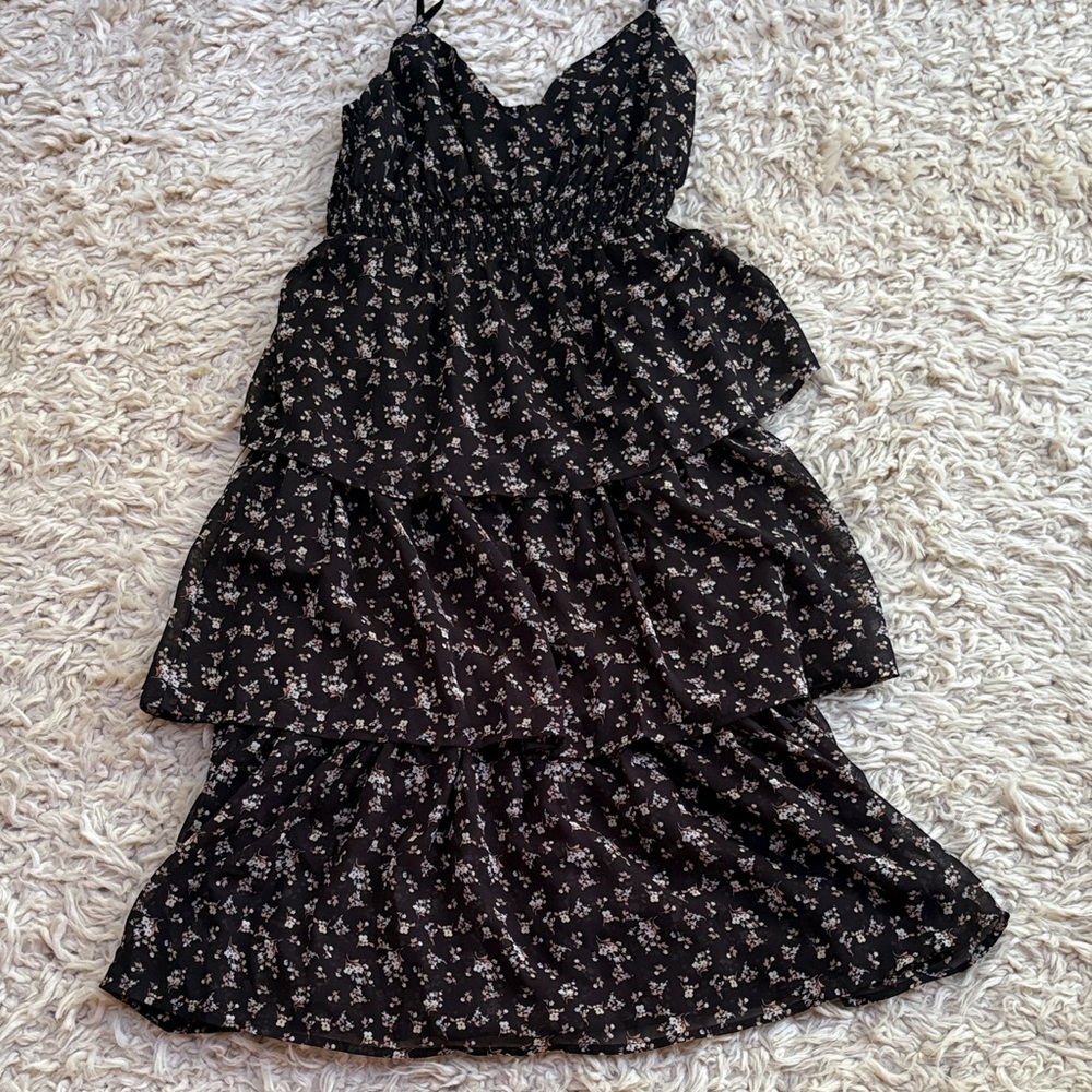 And Now This Black Floral Tiered Spaghetti Strap Dress XS